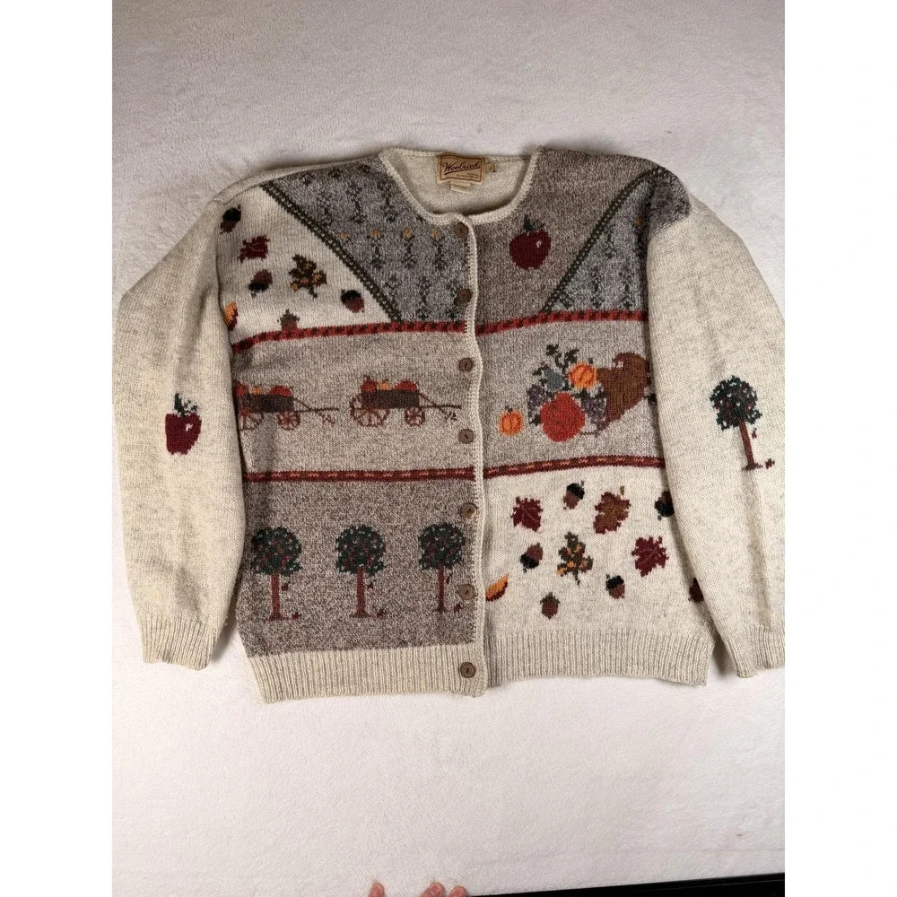 Woolrich Cardigan Sweater Womens Large Beige 100% Wool Fall Harvest Apple Knit - Picture 5 of 16